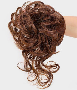 Curly Hair Bun Extension-Chocolate Light Brown with Light Golden Blonde Highlights