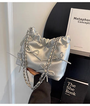 Silver Satin Drawstring Tote With Bow